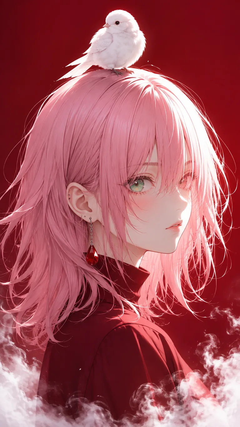 Crimson Background Pink Hair Portrait